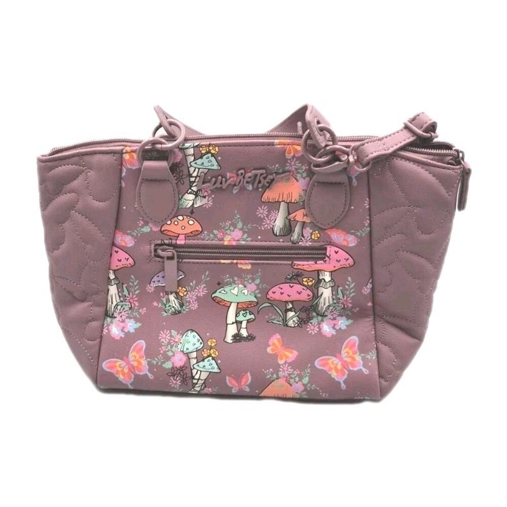 Luv Betsey Purple Faux Leather Purse Butterflies Mushrooms Betsey Johnson 10x9x4
